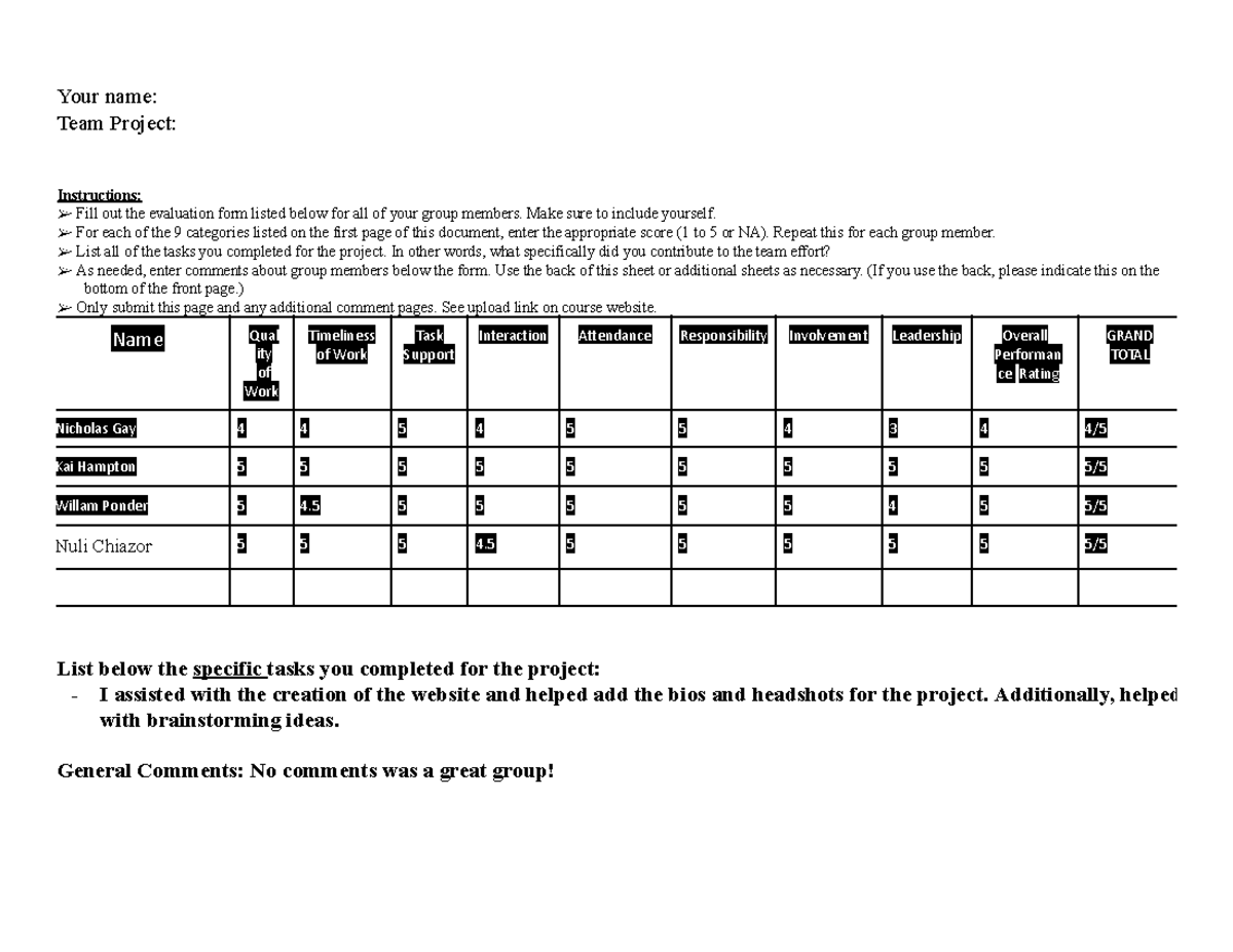 Self Peer Evaluation Form: Team Project Instructions - Studocu