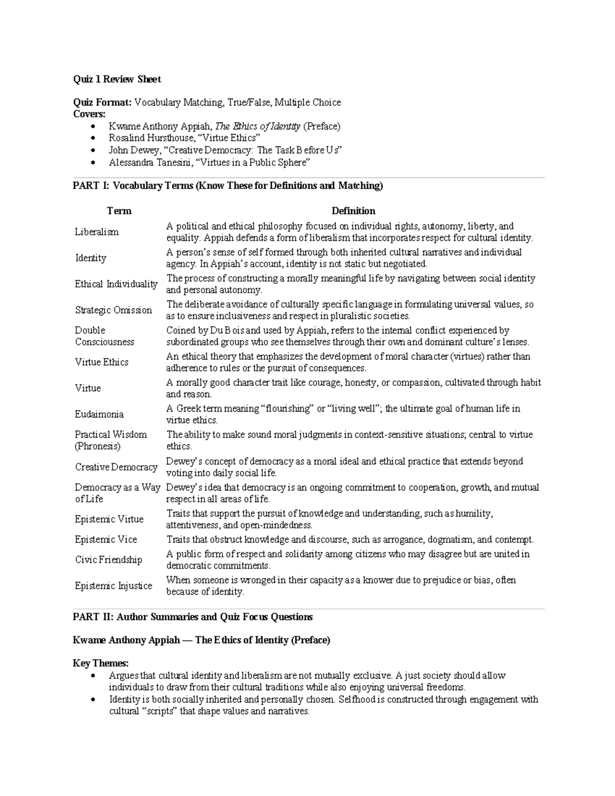 Ethics and Democracy: PHIL 101 Quiz 1 Review Sheet - Studocu