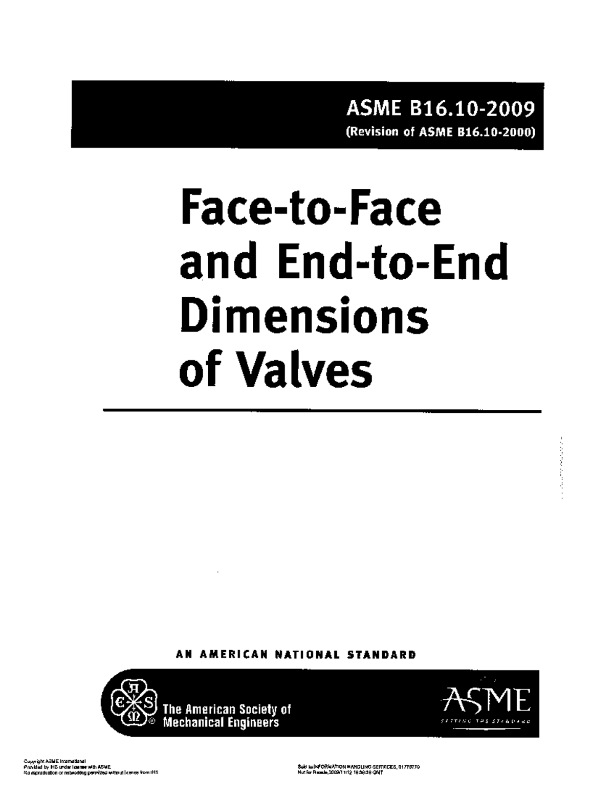 ASME B16.10-2009: Face-to-Face & End-to-End Valve Dimensions - Studocu