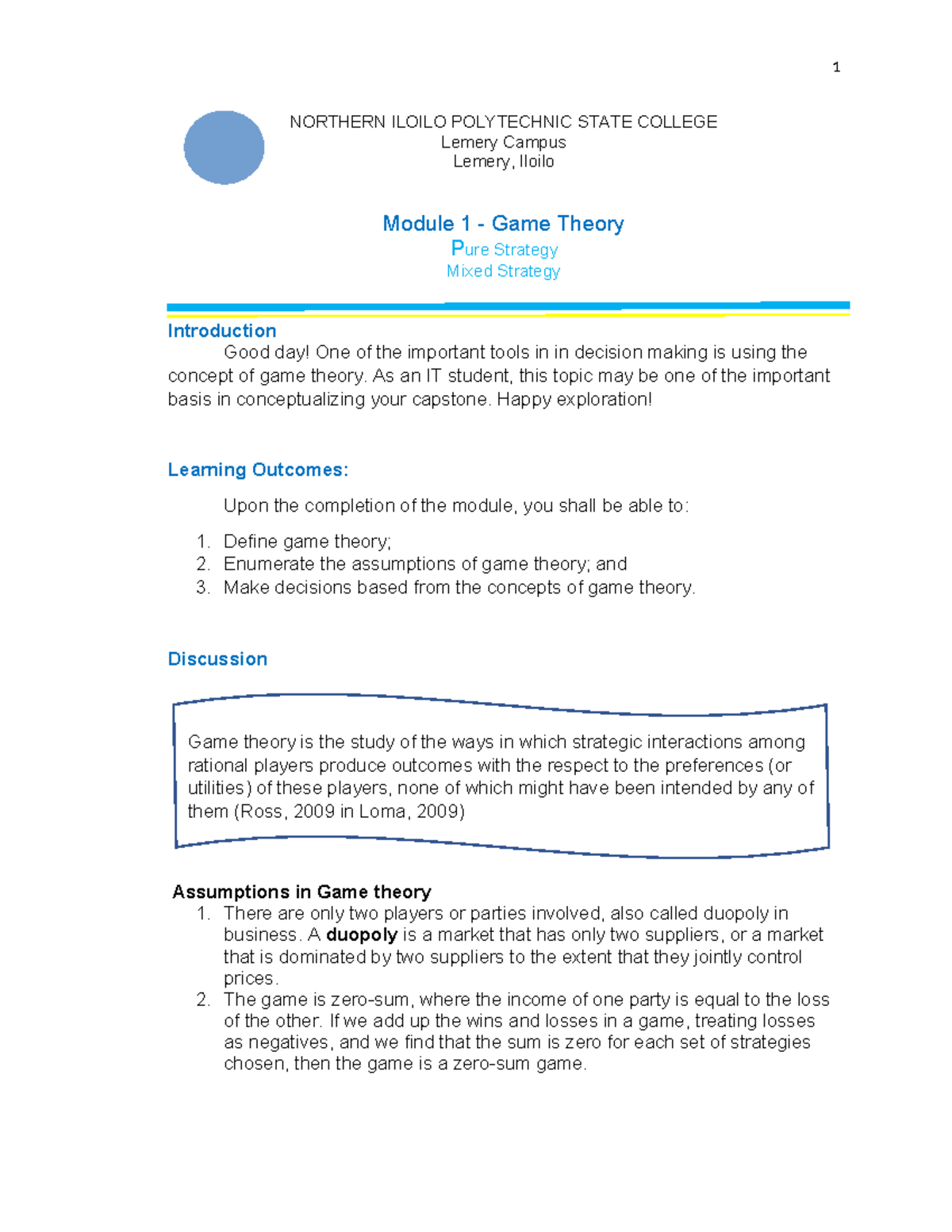 Module 1: Game Theory - Understanding Pure and Mixed Strategies - Studocu