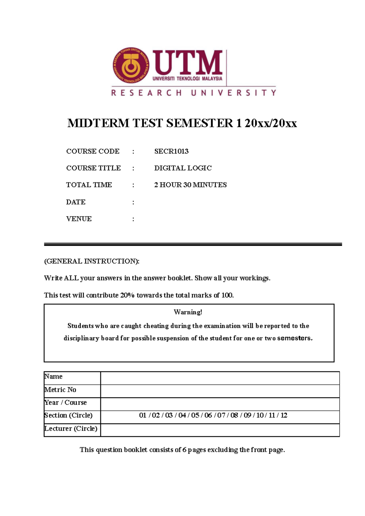 Midterm Exam SECR1013: Digital Logic Test Set 1 - Studocu