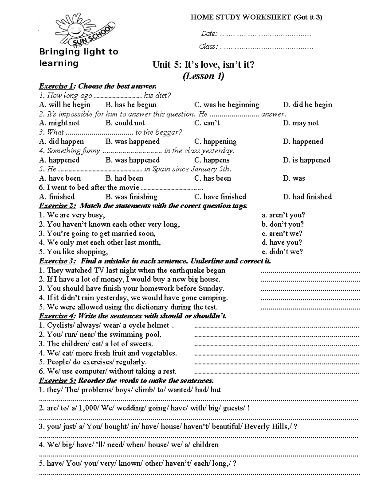 HOME STUDY WORKSHEET (Got it 3) - Unit 5 Exercises and Answers - Studocu