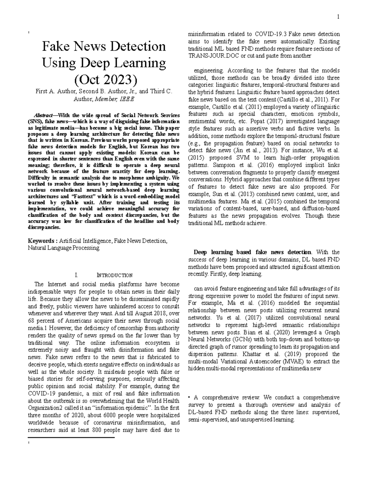 Deep Learning Approaches for Fake News Detection (CS101) - Studocu