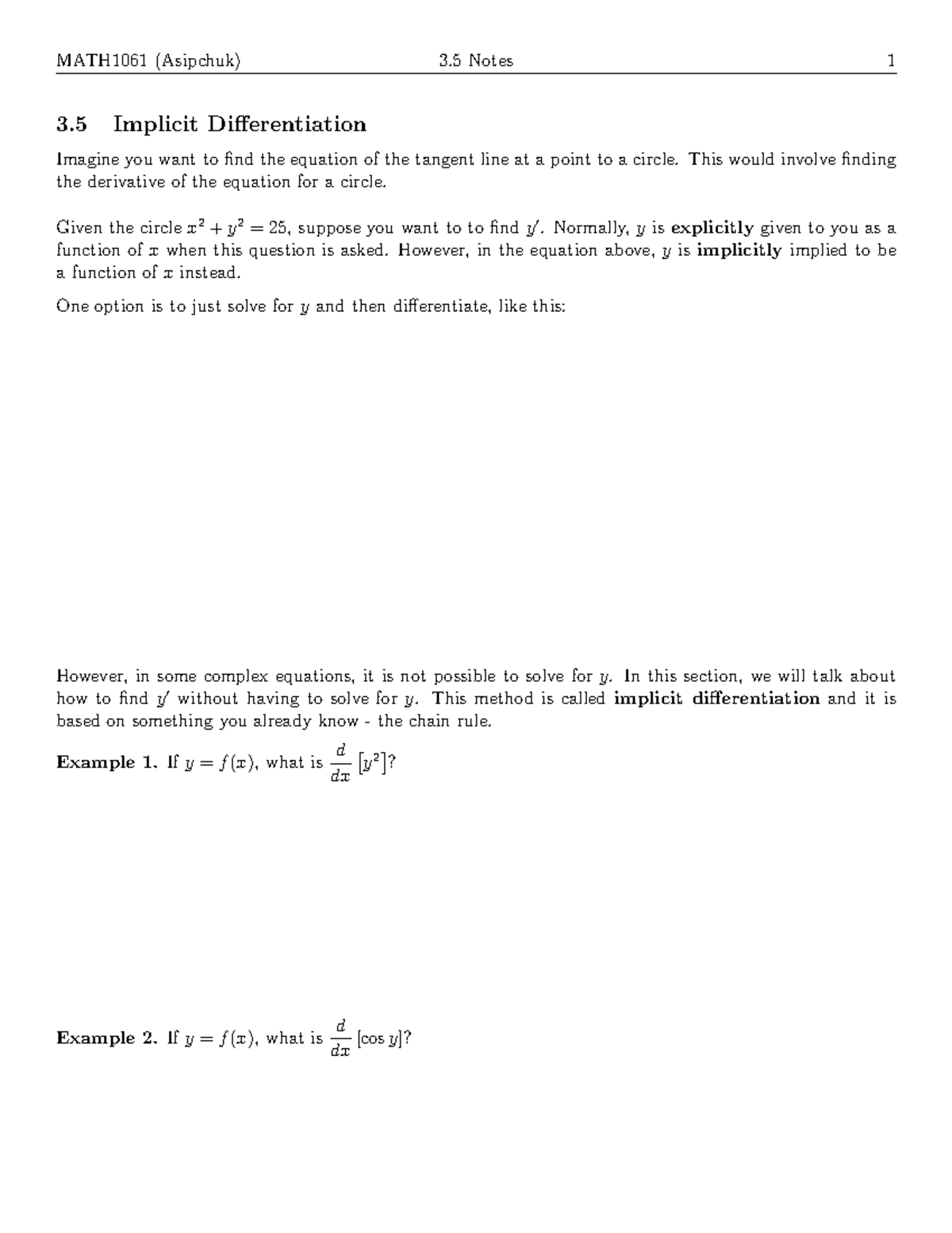 MATH1061 (Asipchuk) Implicit Differentiation Lecture Notes - Studocu