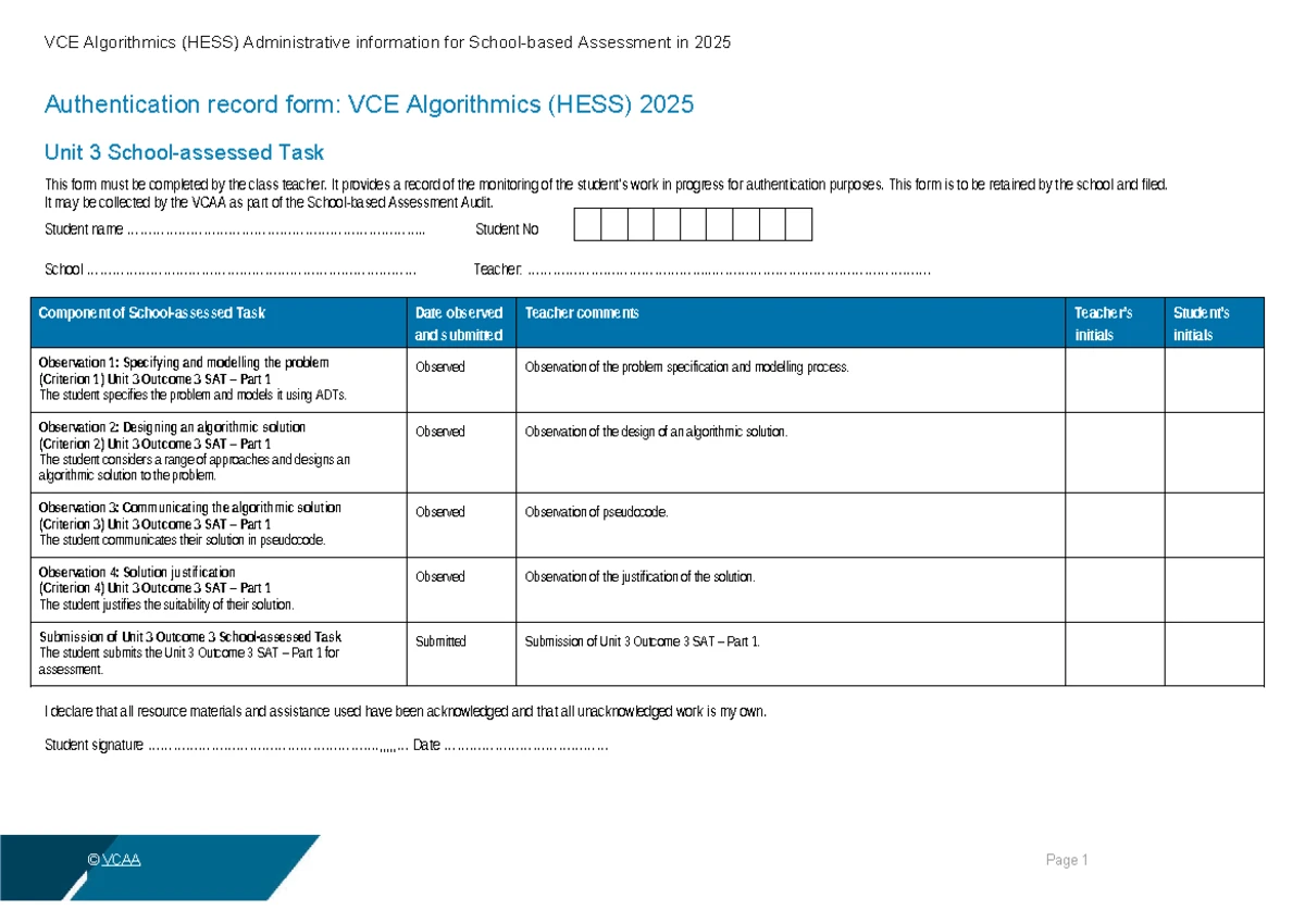 VCE Algorithmics (HESS) 2025 Assessment Administrative Info & Task ...