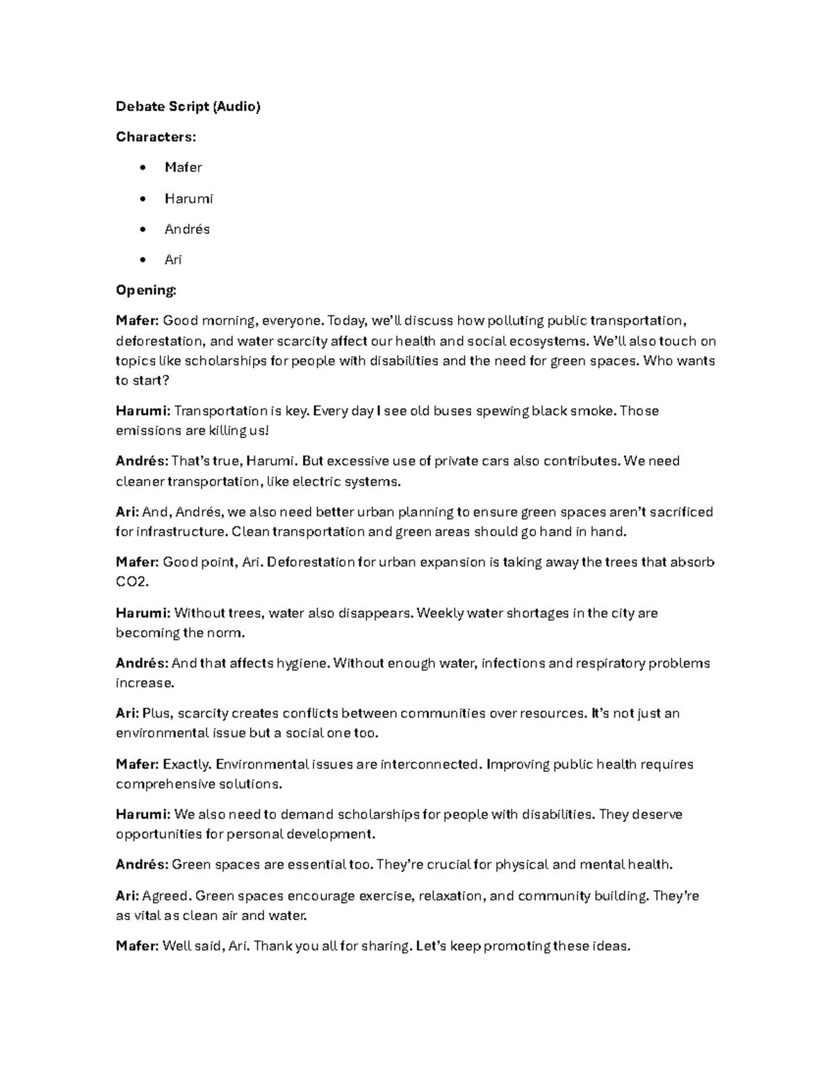 Guion, debate ingles - Debate Script (Audio) Characters: • Mafer ...