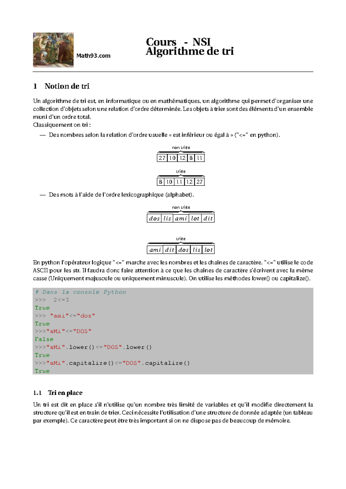 Cours NSI Algorithme de Tri 1: Notions et Méthodes de Tri en Python ...