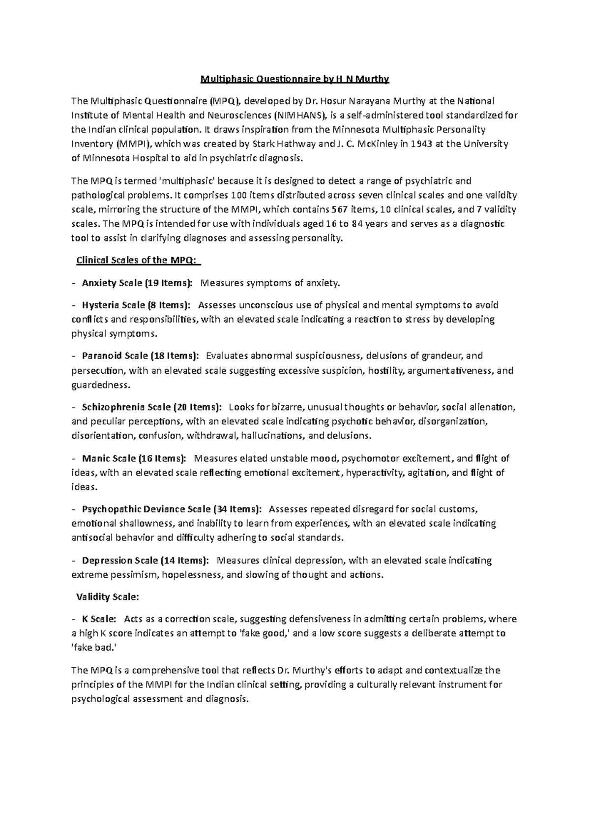 Multiphasic Questionnaire (MPQ) Overview by H N Murthy - Studocu