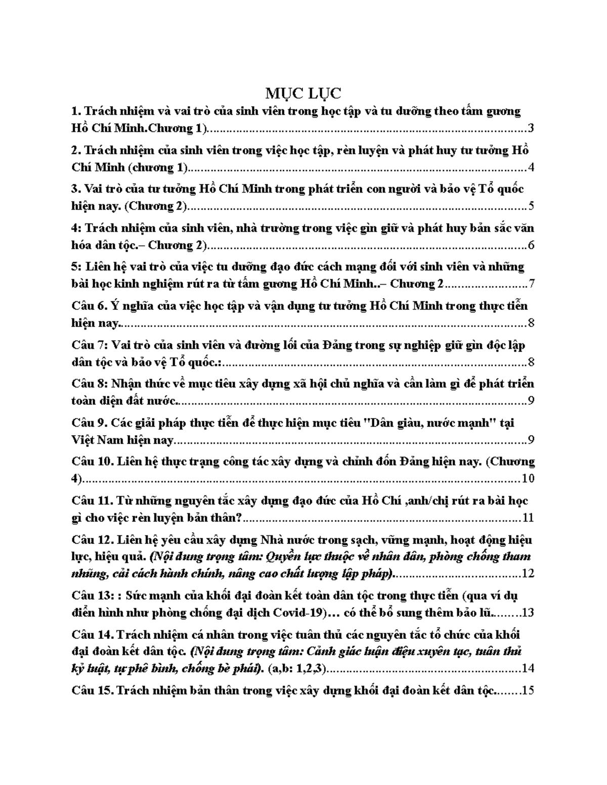 MỤC LỤC: Trách Nhiệm Sinh Viên Theo Tư Tưởng Hồ Chí Minh (Chương 1-4 ...