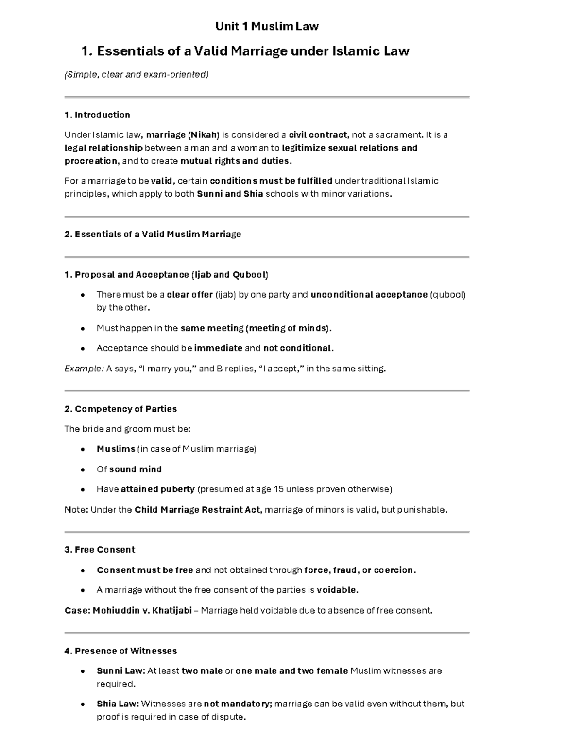 Unit 1 Muslim Law - Lecture Notes on Valid Marriage Essentials - Studocu