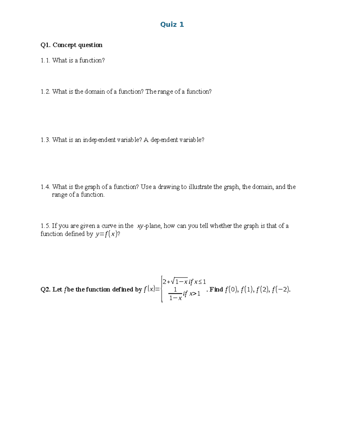 Unit 1 Quiz 1: Understanding Functions and Their Graphs - Studocu