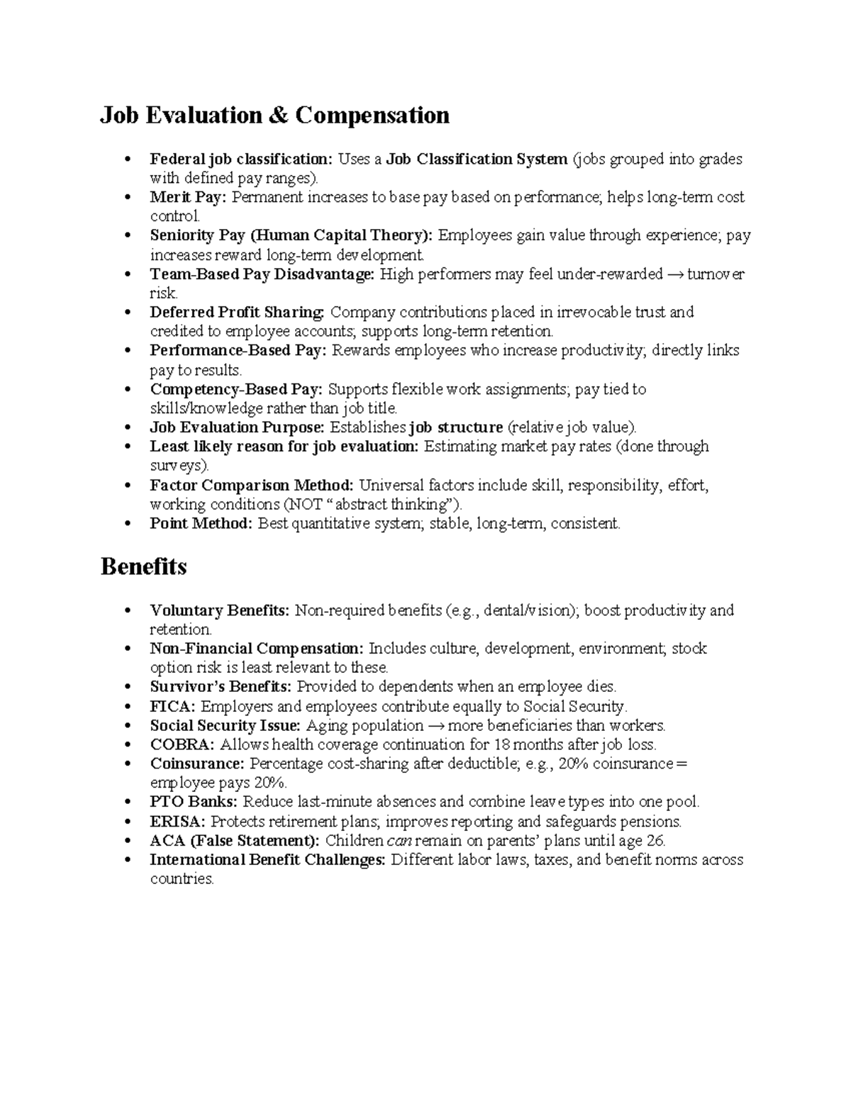 Man3301 Exam 3 Study Guide: Job Evaluation, Compensation & Labor ...