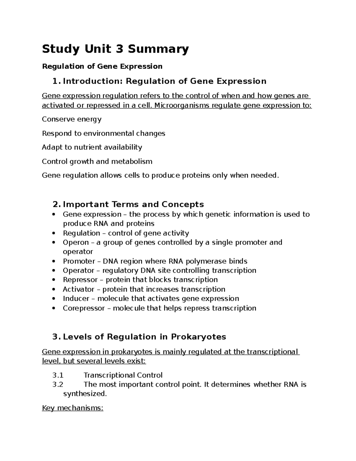Study Unit 3: Summary of Gene Expression Regulation - Studocu