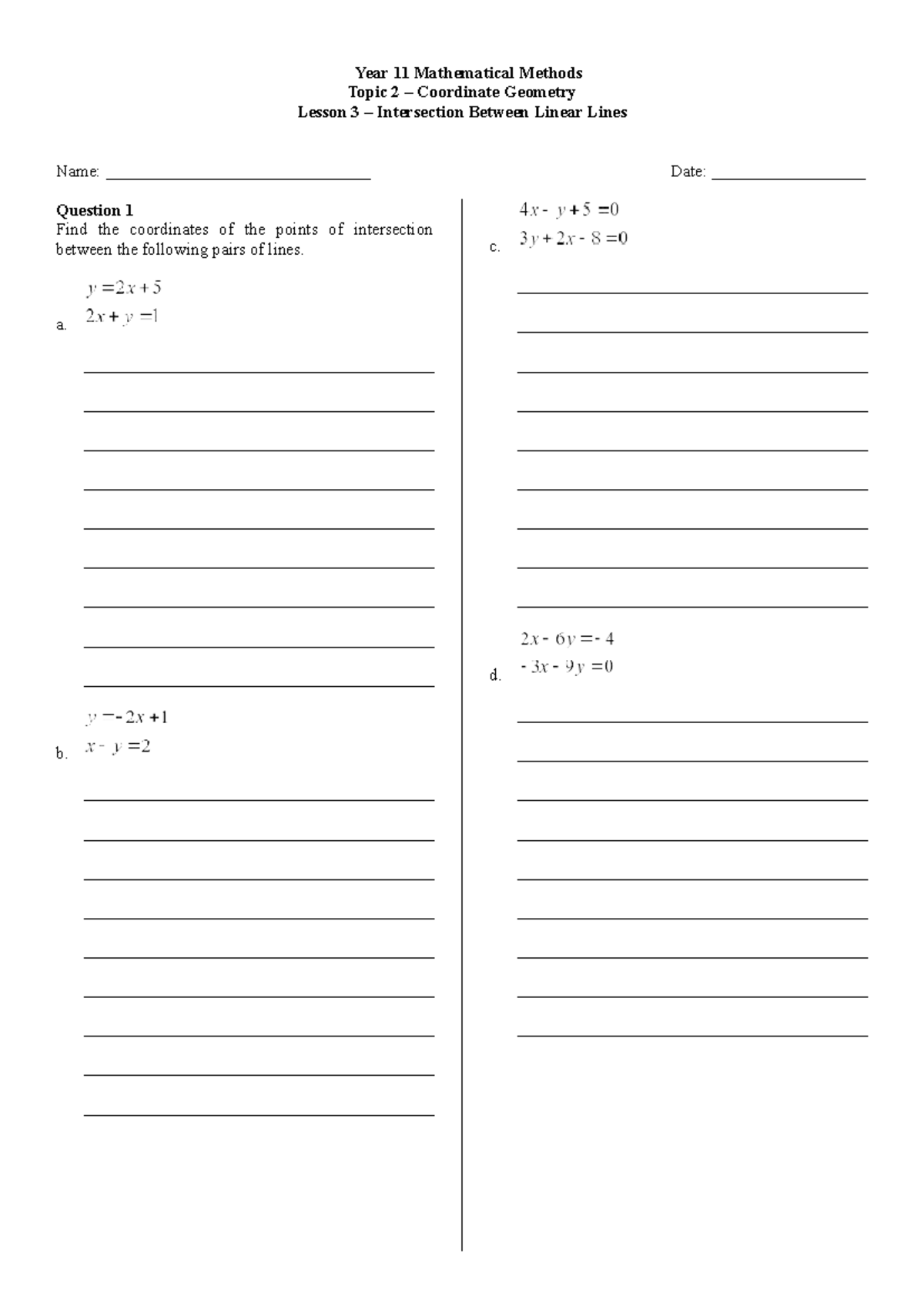 Year 11 Mathematical Methods: Lesson 3 - Intersection of Linear Lines ...