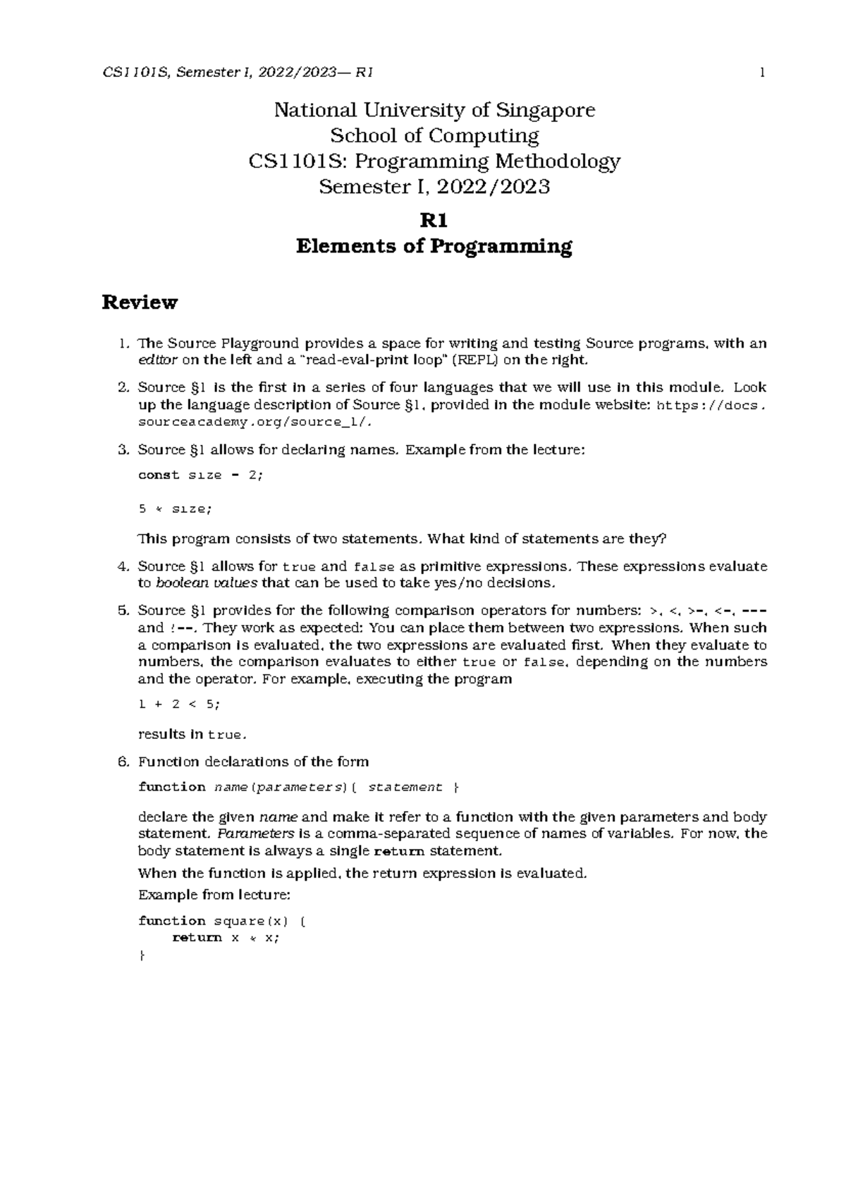 CS1101S: Programming Methodology Semester I, R1 Reflection Notes - Studocu