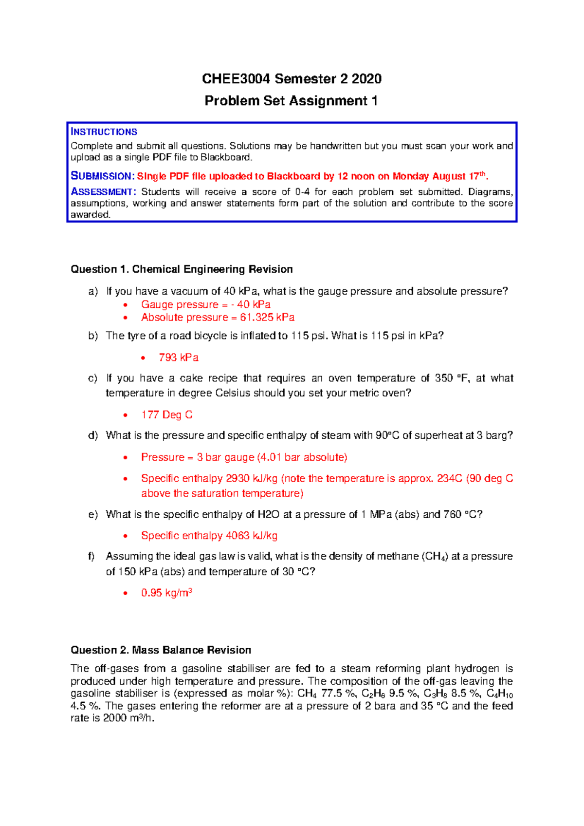 PS1 Course Intro - Solutions - CHEE3004 - UQ - Studocu