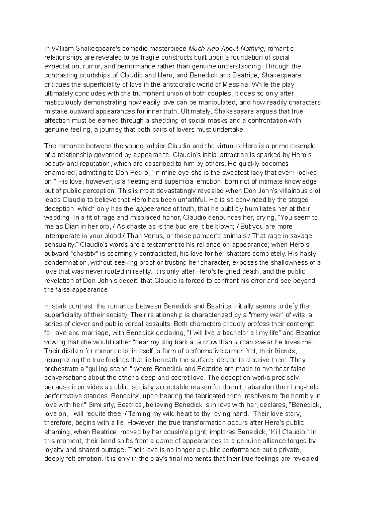 ENG 201: Essay Notes on Shakespeare's Much Ado About Nothing - Studocu