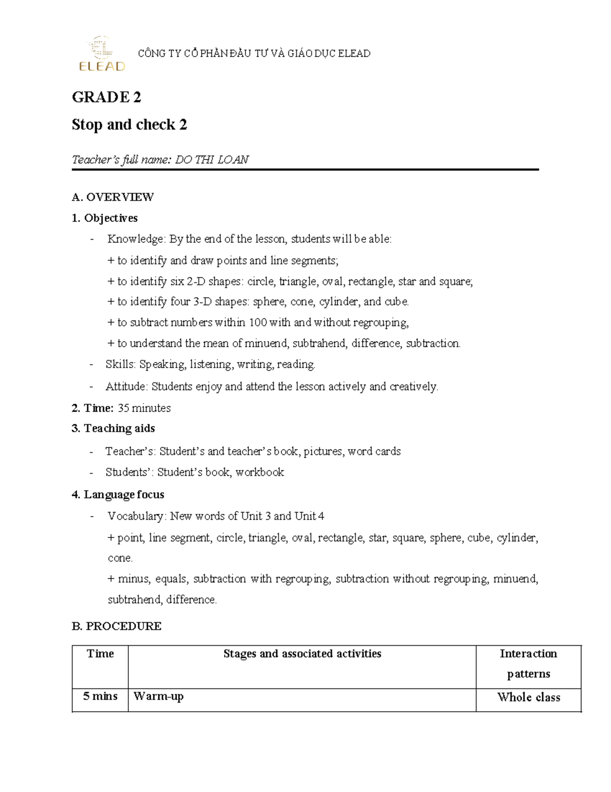 Do-Thi-Loan TAT2 W21 - Grade 2 Lesson Plan on Shapes and Subtraction ...