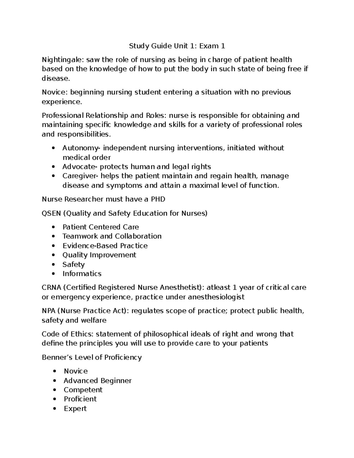 Unit 1 Exam 1 Study Guide - Study Guide Unit 1: Exam 1 Nightingale: saw ...