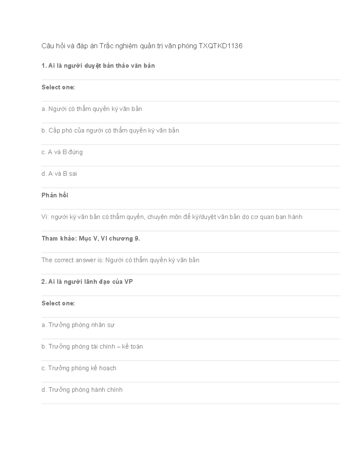 TXQTKD - Trắc nghiệm và Đáp án Quản trị Văn phòng - Tóm tắt kiến thức - Document Preview