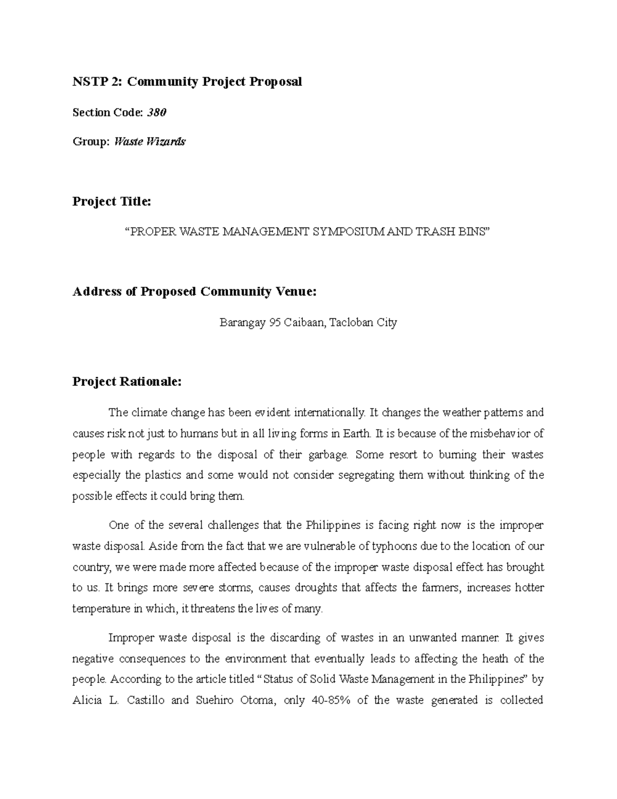 NSTP 2: Community Project Proposal & Assessment Result on Waste ...