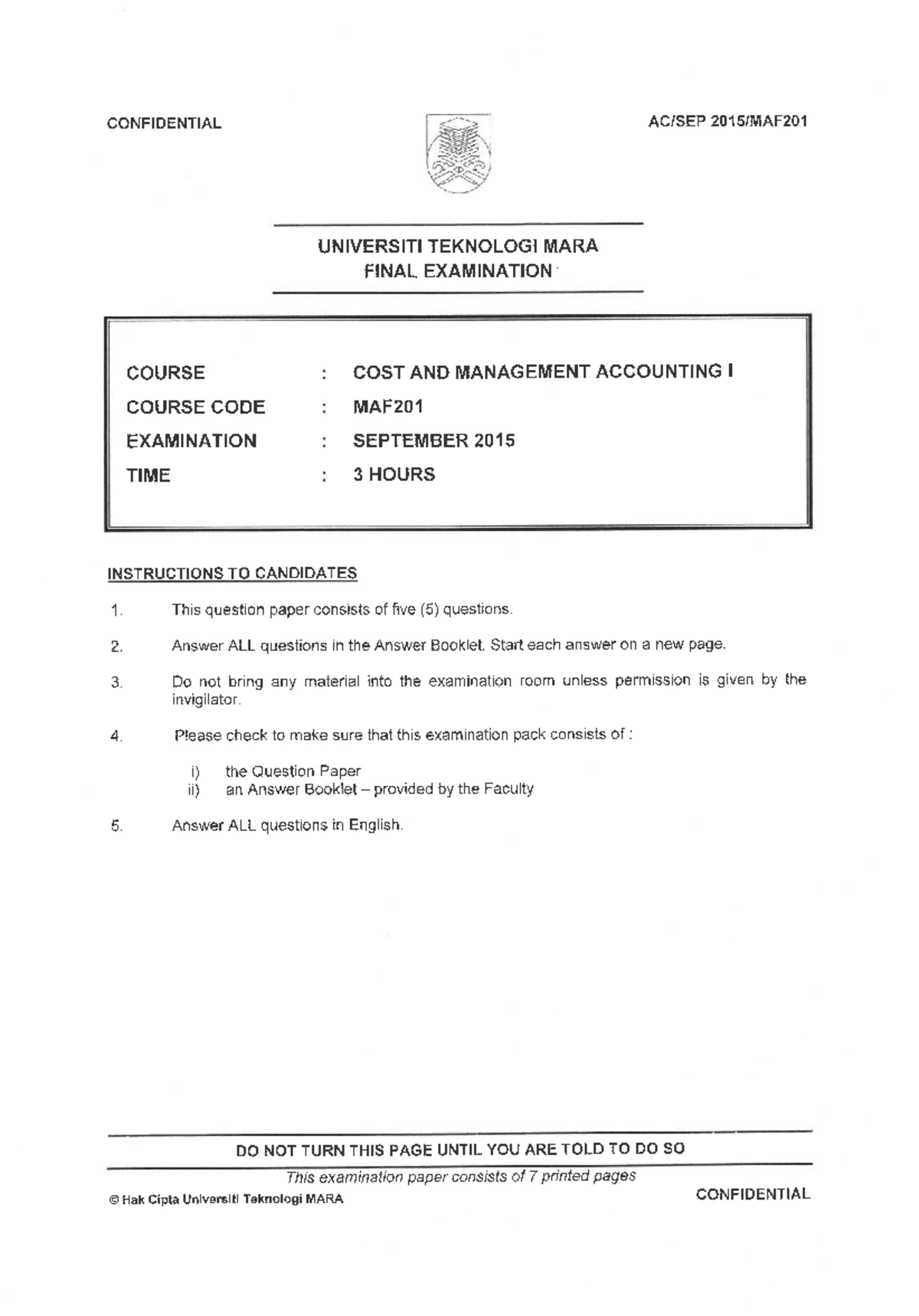 MAF201 Final Exam: Cost and Management Accounting I - Sept 2015 - Studocu