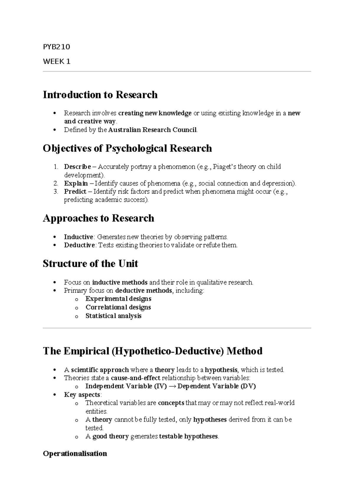 PYB210 lectures notes - PYB WEEK 1 Introduction to Research Research ...
