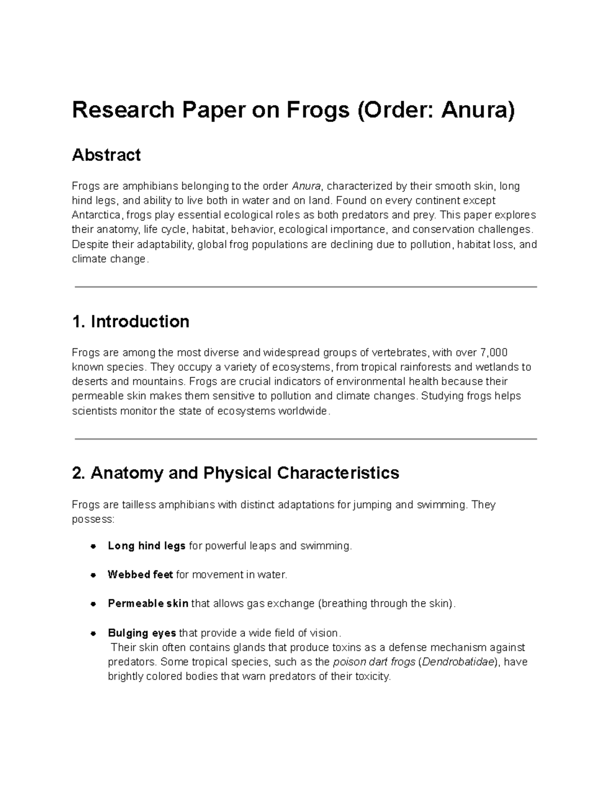 Research Paper on Frogs (Order: Anura) - Ecology and Conservation ...