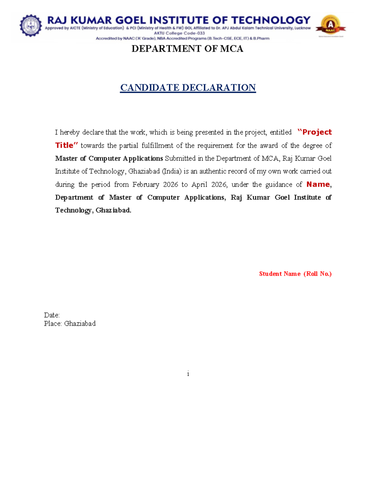 MCA Project Declaration and Acknowledgement Certificate - Studocu