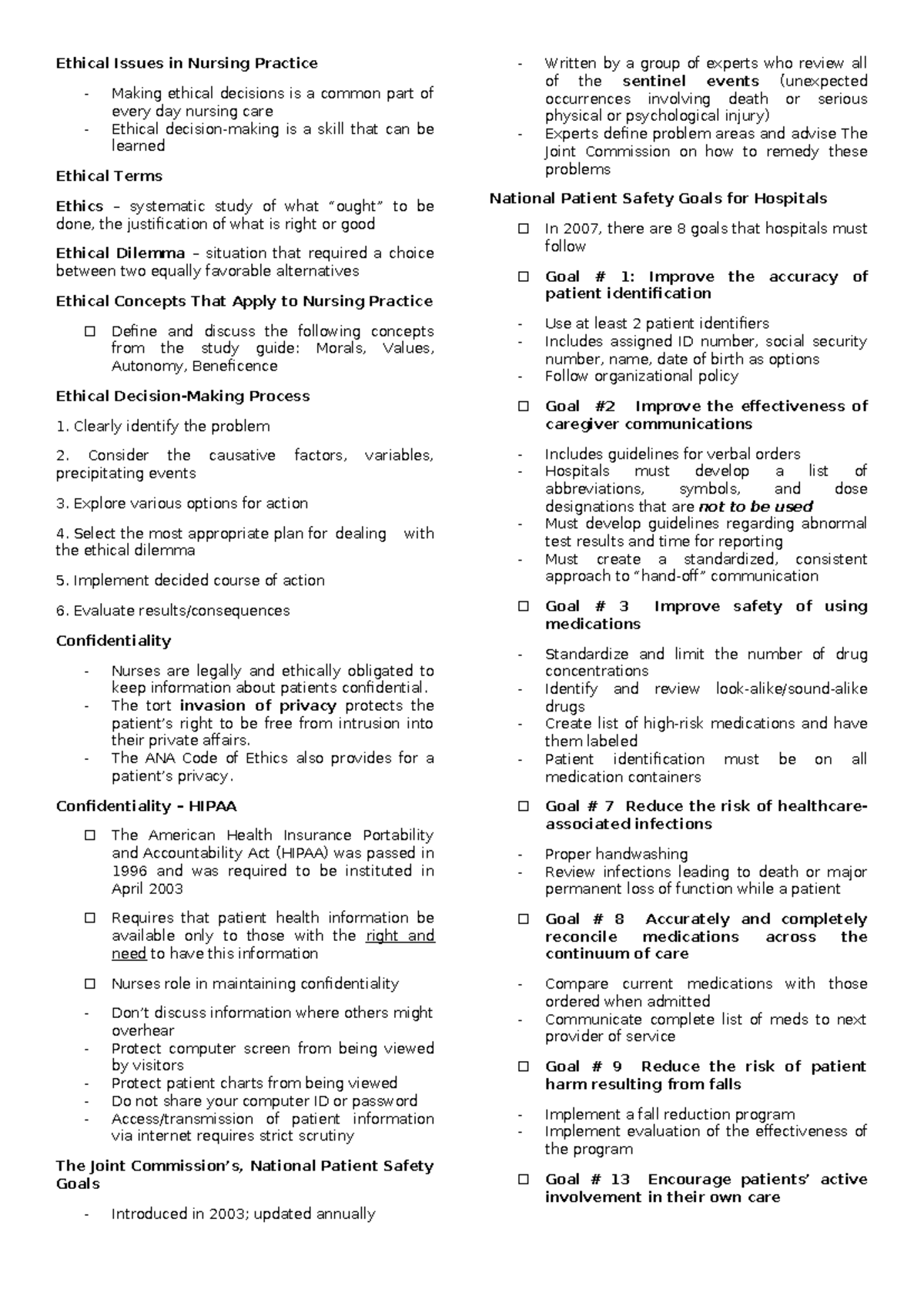 Ethical Issues in Nursing Practice: Funda Notes for NURS 101 - Studocu