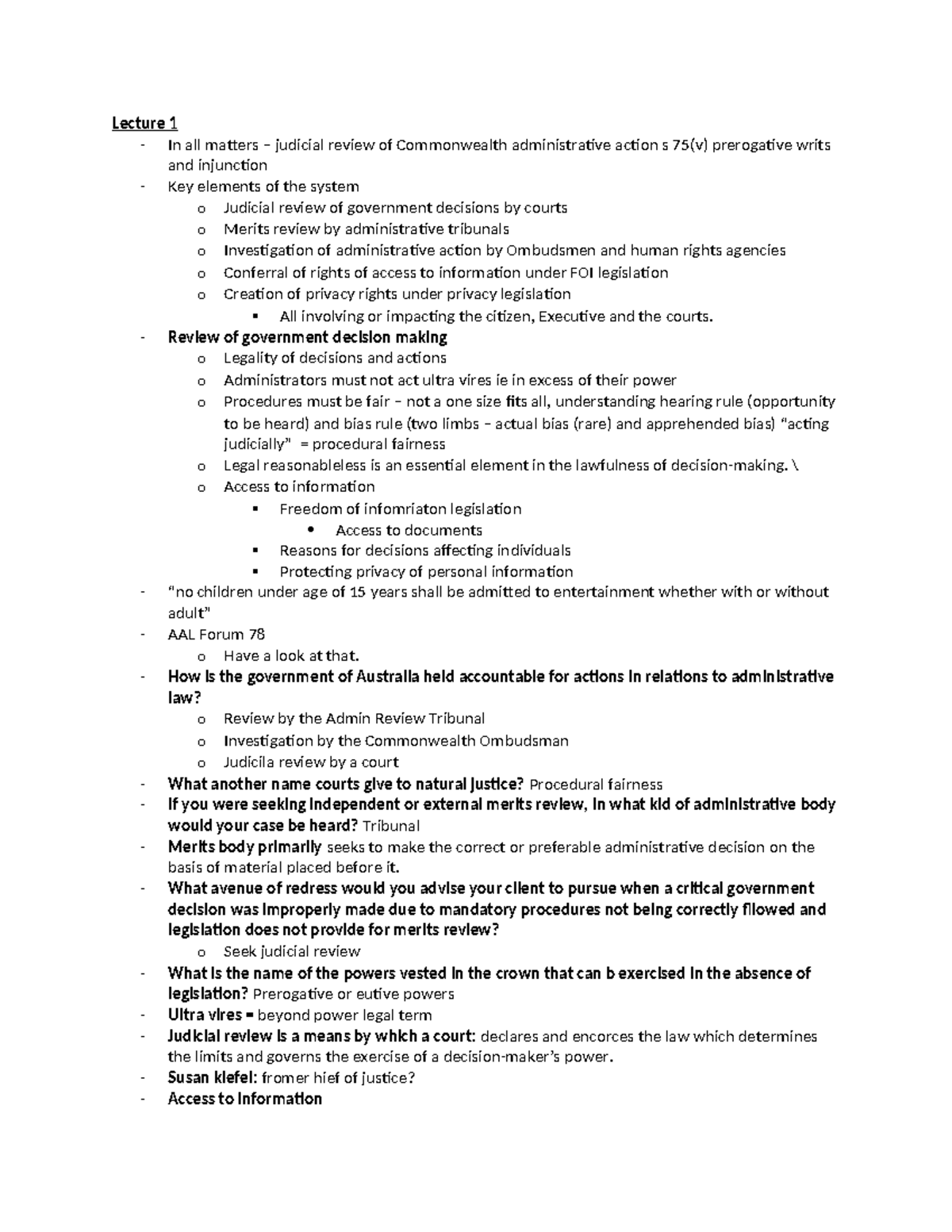 Admin Notes: Overview of Administrative Law - Lectures 1 to 6 - Studocu