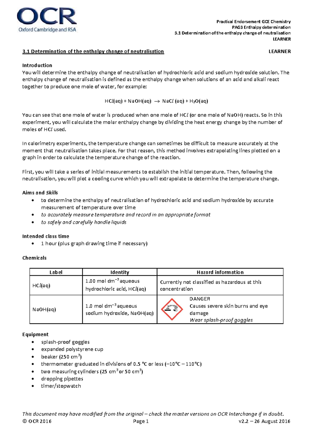 GCE Chemistry PAG3: Enthalpy Change of Neutralisation Experiment - Studocu