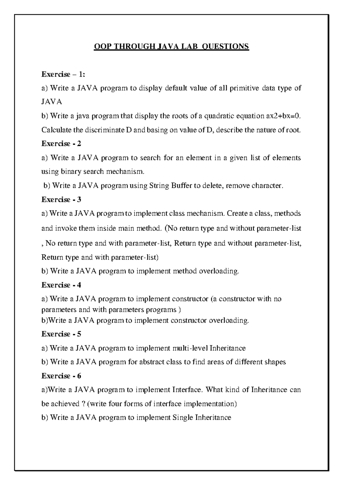 OOP Through JAVA LAB Questions - Exercises & Programs - Studocu