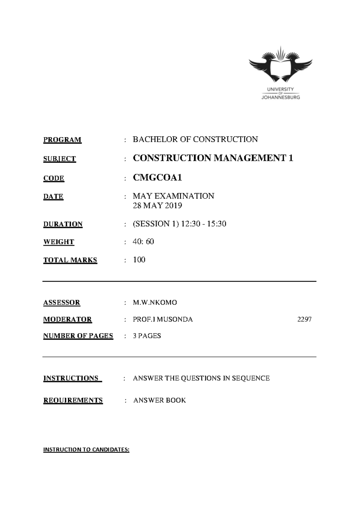Construction Management paper - PROGRAM : BACHELOR OF CONSTRUCTION ...
