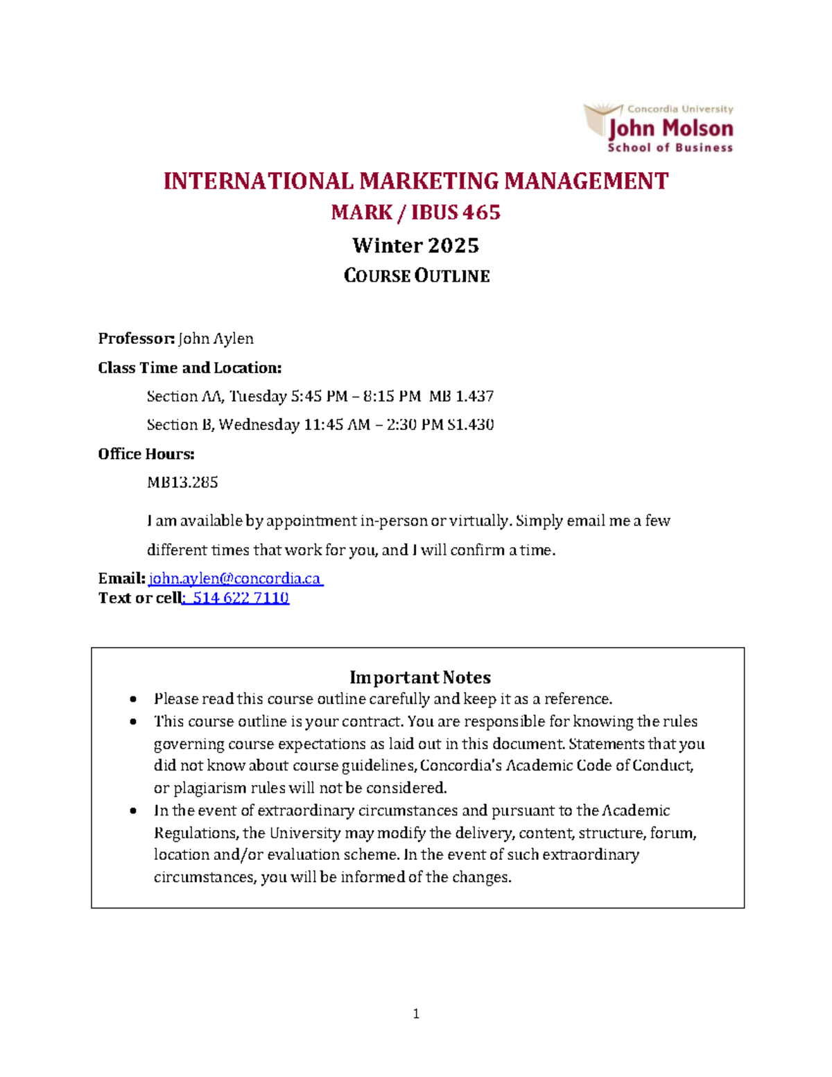 INTERNATIONAL MARKETING MANAGEMENT IBUS 465 Winter 2025 Course Outline ...