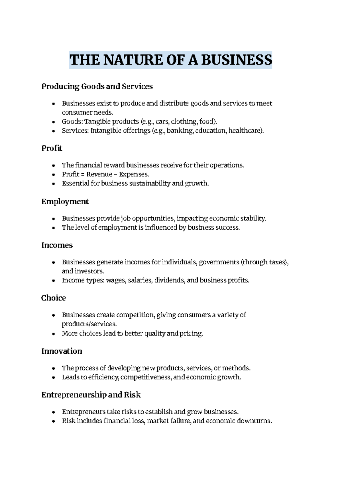 BUS 101 - Nature of Business Study Notes by Gracie Lynch - Studocu