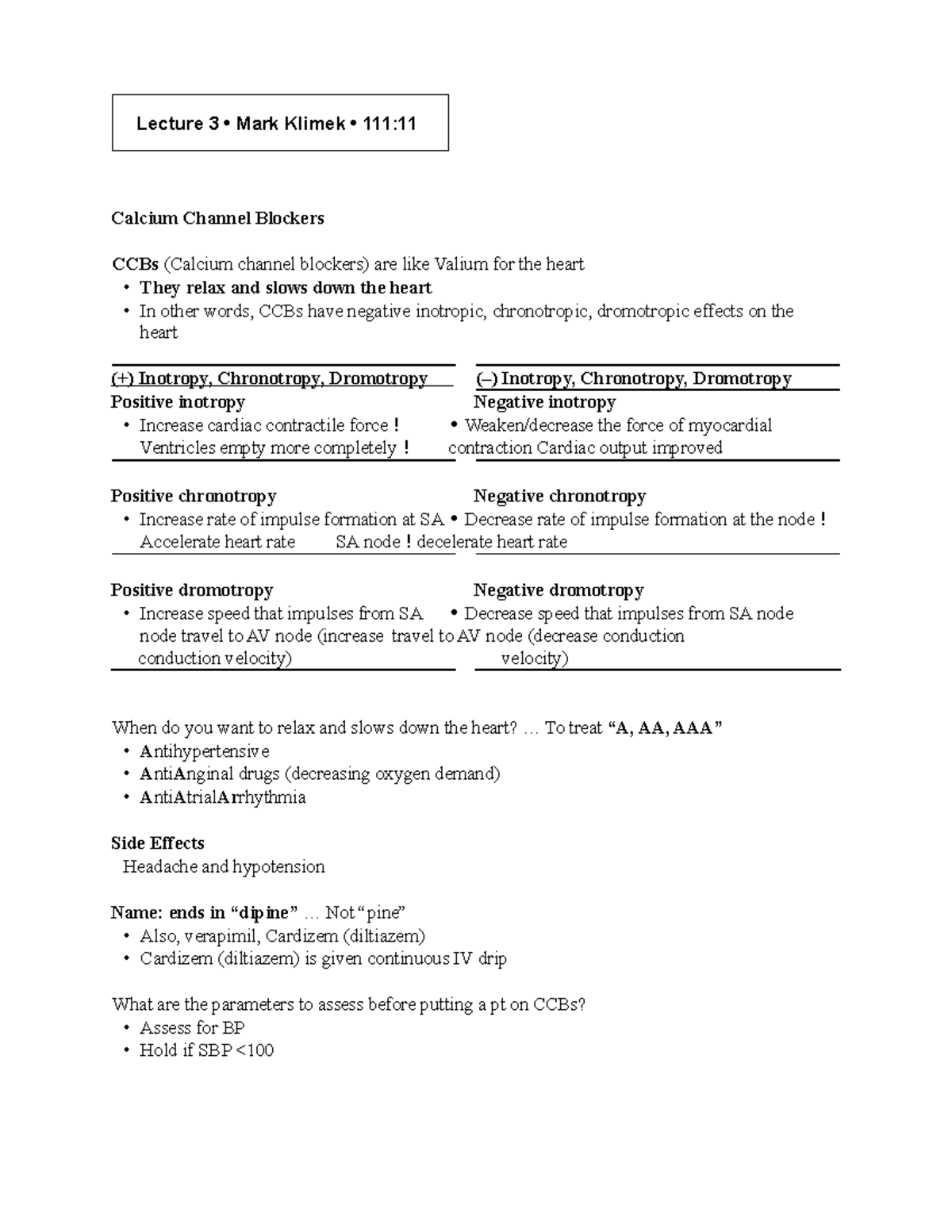 NURS 111: Calcium Channel Blockers & Chest Tubes Lecture 3 Notes - Studocu