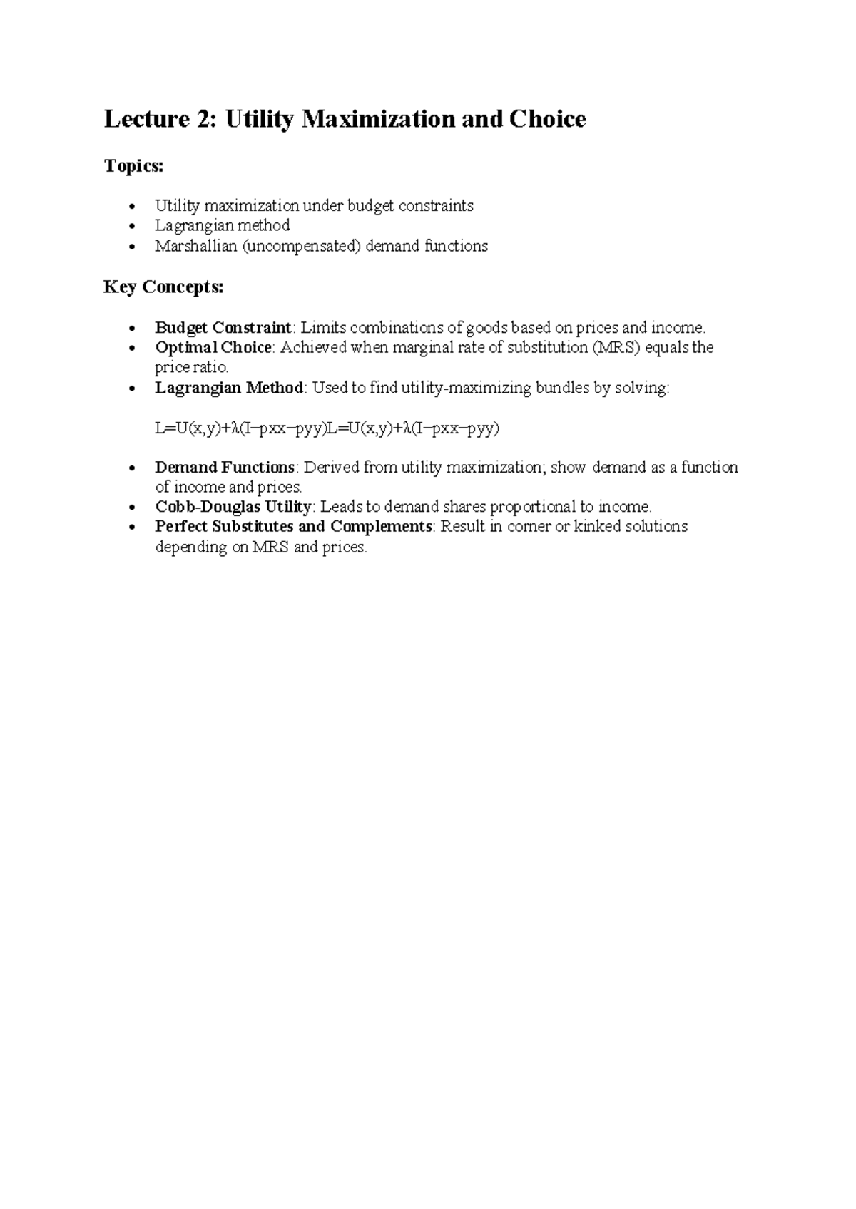 Lecture 2 - Lecture 2: Utility Maximization and Choice Topics: Utility ...
