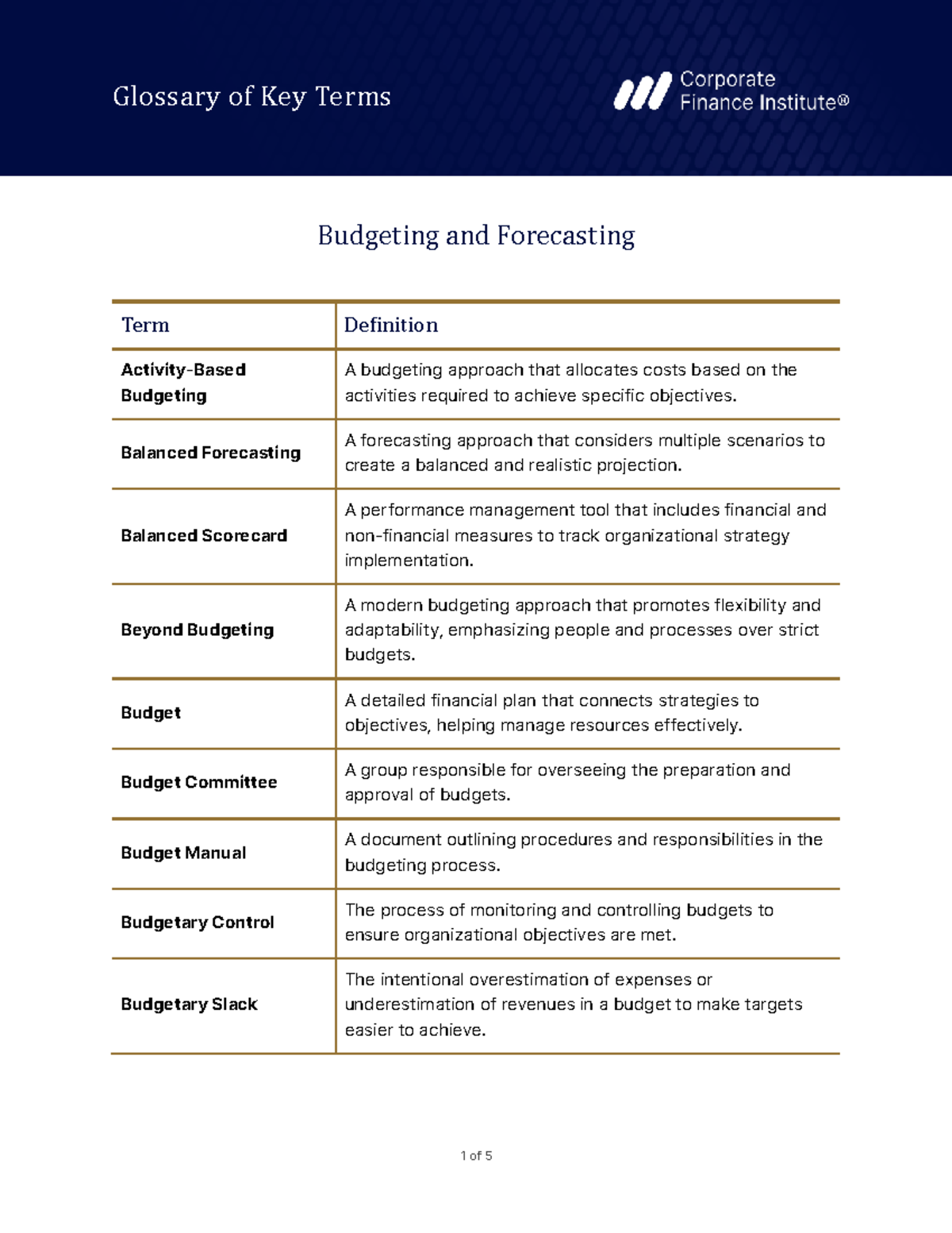 Budgeting and Forecasting (FIN 101) - Key Terms Glossary - Studocu