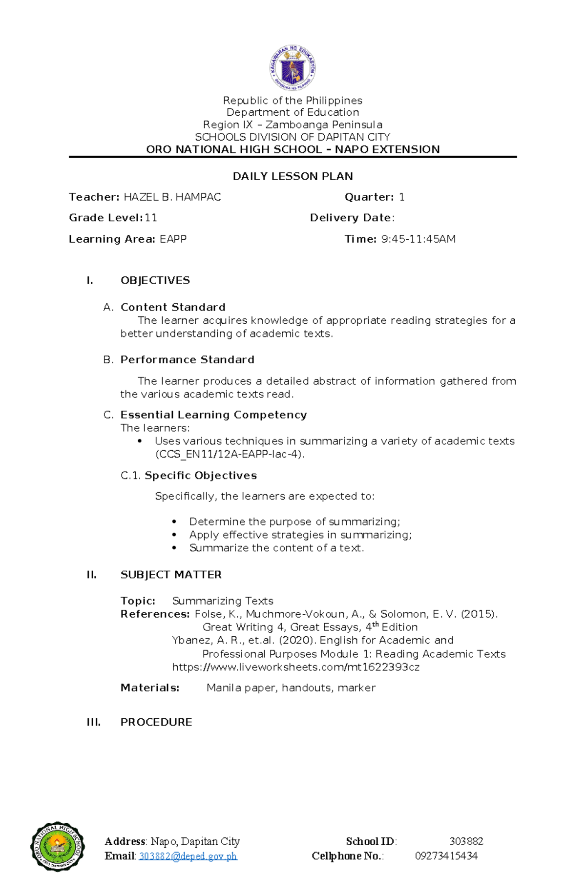 G11 EAPP Daily Lesson Plan on Summarizing Texts - Studocu