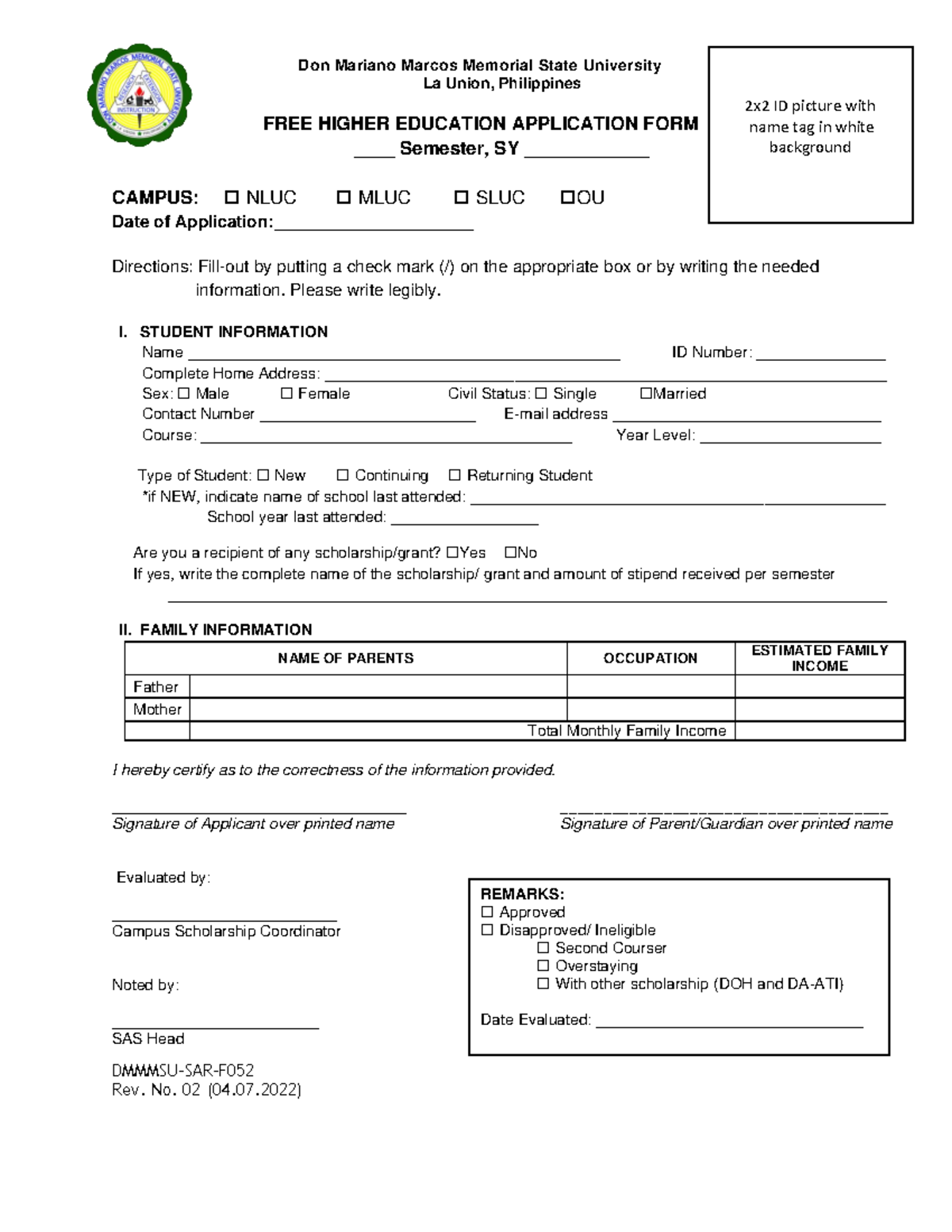 FHE-FORM: Free Higher Education Application Form for DMMMSU-SAR-F - Studocu