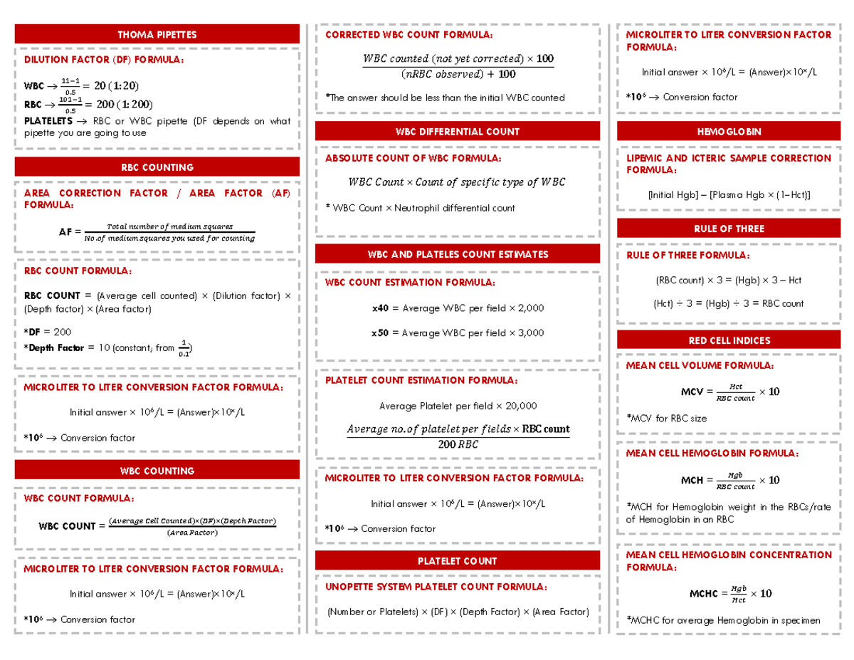 HEMA1 - Formulas for Calculations in Hematology - Studocu