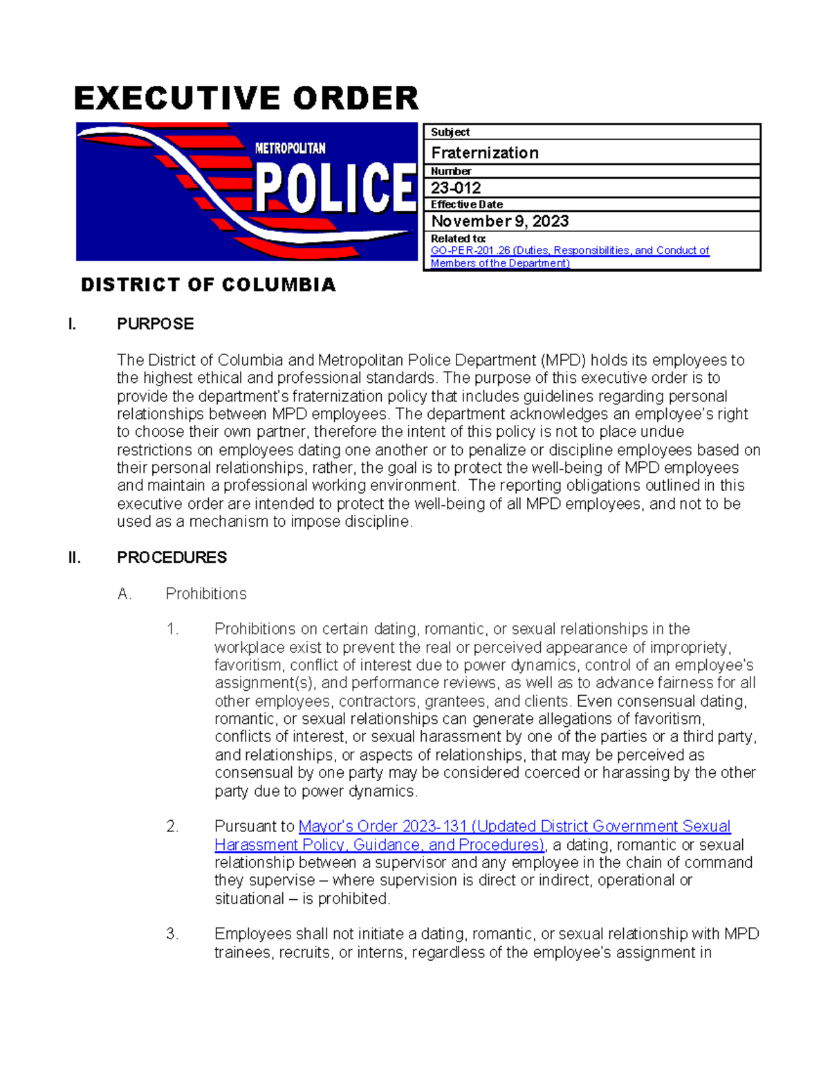 Fraternization Policy (EO-23-012) for MPD Employees - Nov 2023 - Studocu