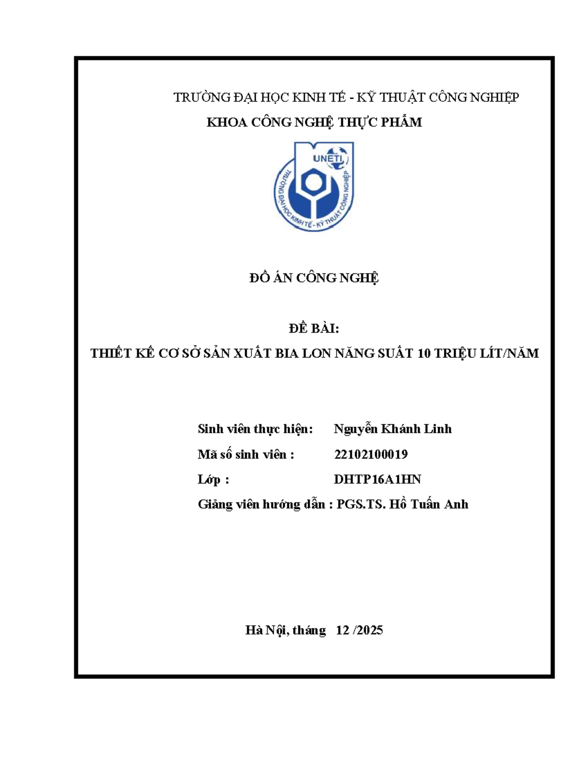 Đồ án Thiết kế Cơ sở sản xuất Bia lon Năng suất 10 triệu - DHTP16A1HN - Document Preview