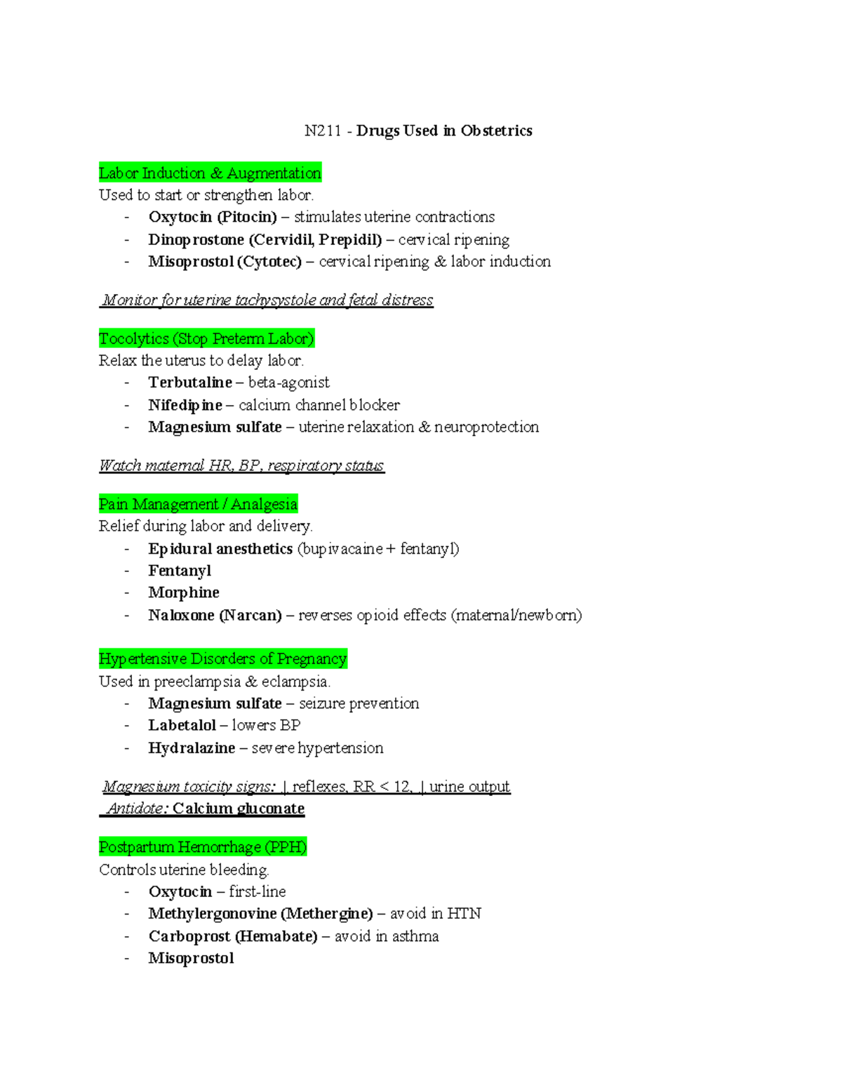 N211 OB Drugs: Labor Induction, Pain Management & PPH - Studocu