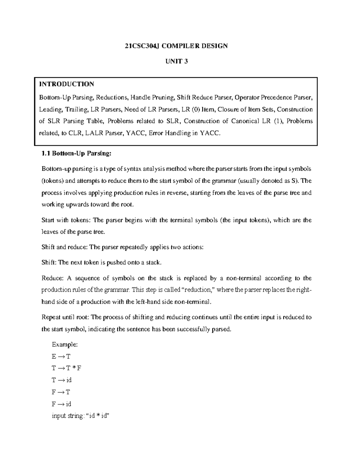 21CSC304J COMPILER DESIGN UNIT 3: Parsing Techniques and LR Parsers ...
