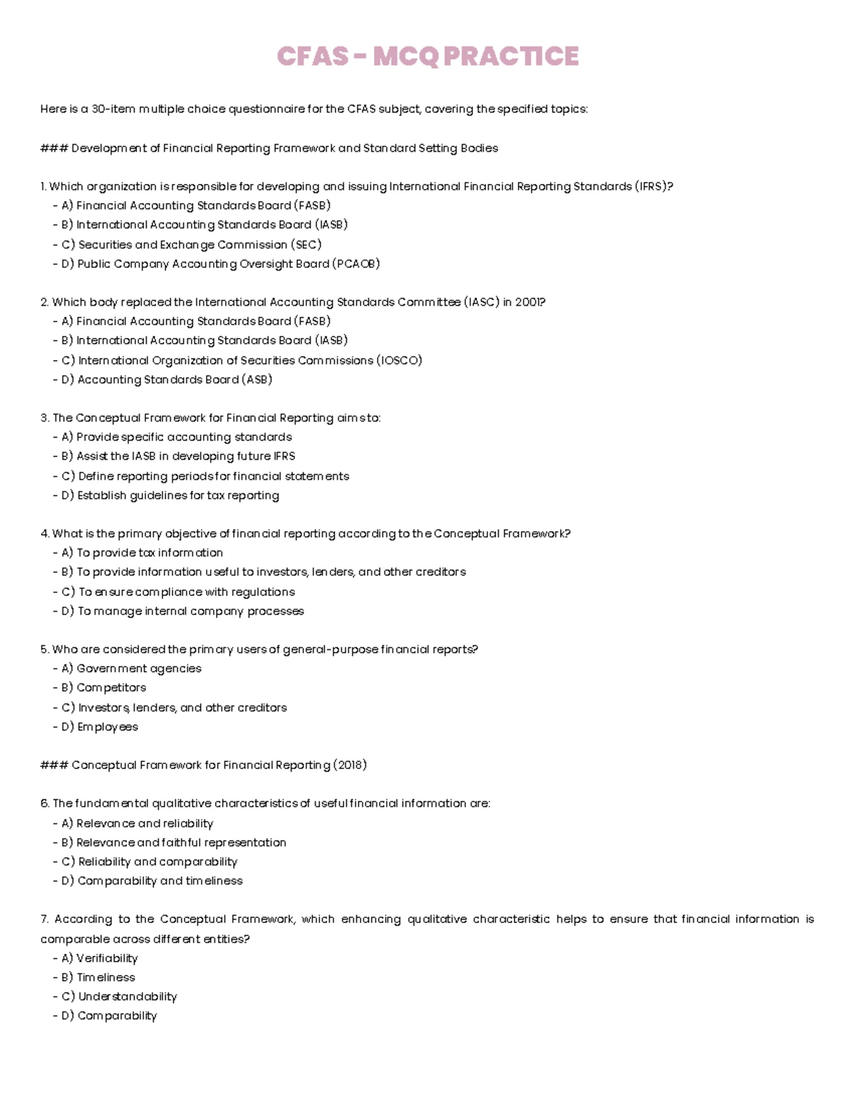 CFAS MCQ Practice: Financial Reporting Framework & IAS Standards - Studocu