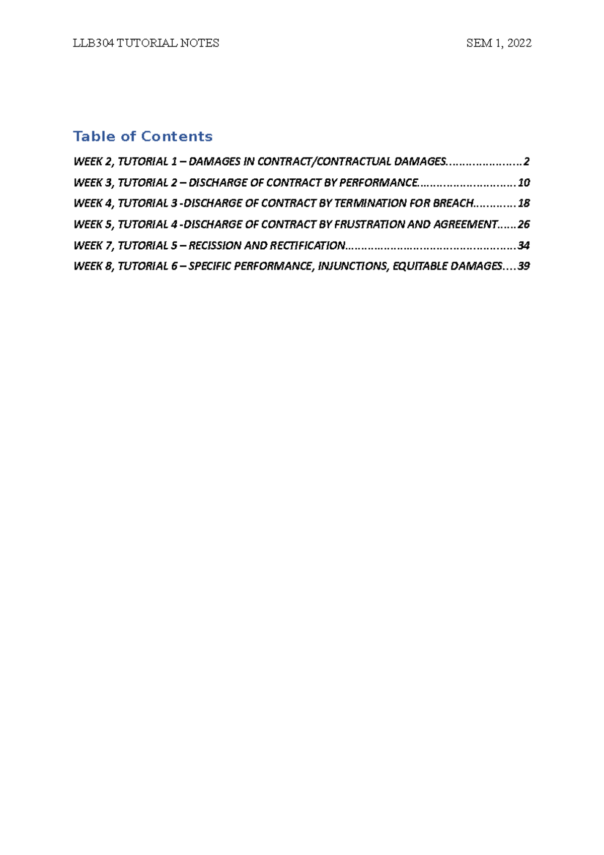 LLB304 Contract Law Tutorial Notes: Week 2 & 3 Overview - Studocu
