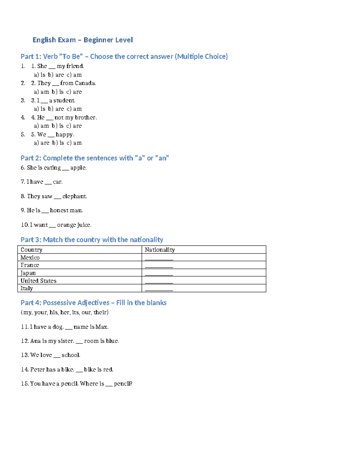 English Exam Model - Beginner Level Test (Part 1 & 2) - Studocu
