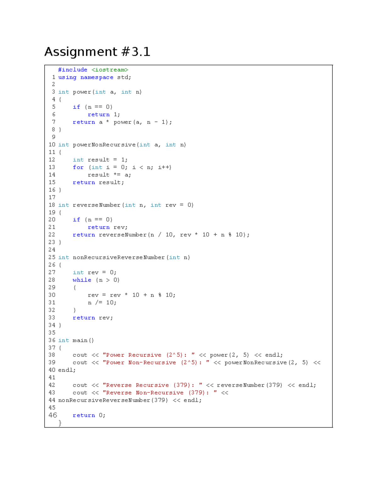 Assignment 1: Recursive and Non-Recursive Functions in C++ - Studocu